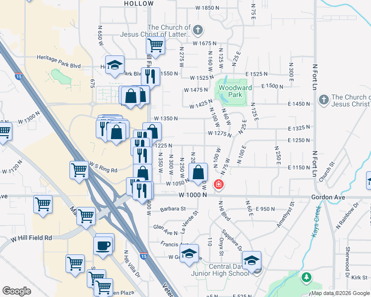 map of restaurants, bars, coffee shops, grocery stores, and more near 1220 North 250 West in Layton