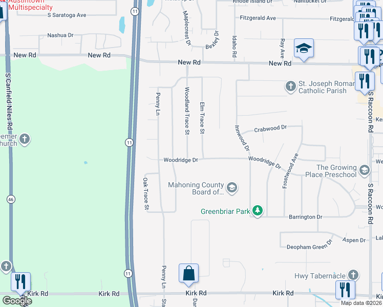 map of restaurants, bars, coffee shops, grocery stores, and more near 2250 Woodland Trce in Youngstown