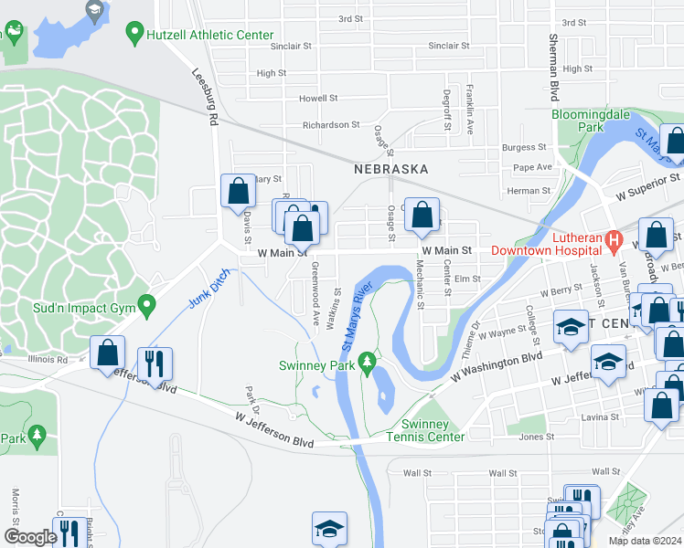 map of restaurants, bars, coffee shops, grocery stores, and more near 508 Watkins Street in Fort Wayne