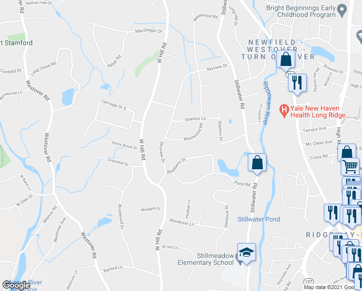 map of restaurants, bars, coffee shops, grocery stores, and more near 19 Westwood Road in Stamford