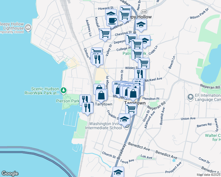 map of restaurants, bars, coffee shops, grocery stores, and more near 126 Main Street in Tarrytown