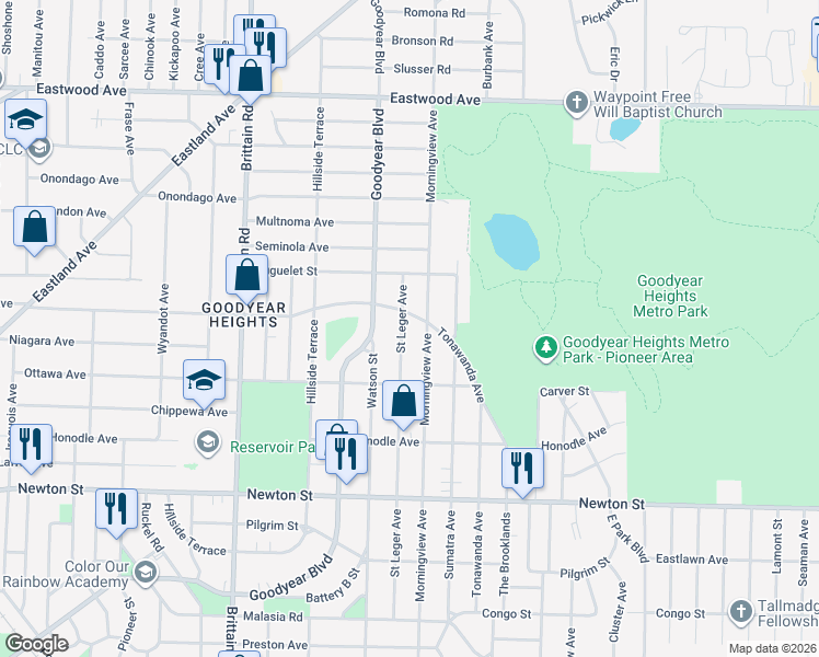 map of restaurants, bars, coffee shops, grocery stores, and more near 558 Morningview Avenue in Akron