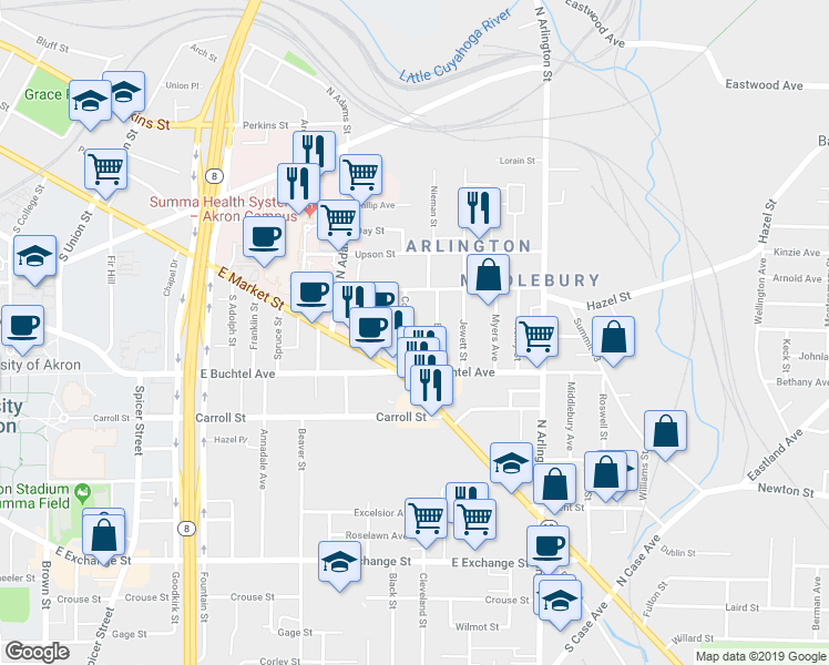 map of restaurants, bars, coffee shops, grocery stores, and more near 60 Eber Avenue in Akron