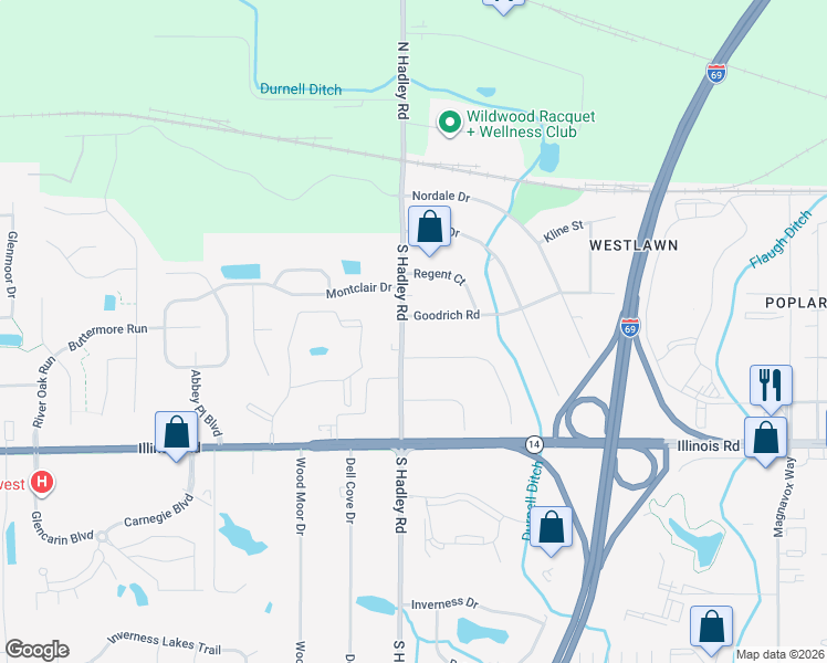 map of restaurants, bars, coffee shops, grocery stores, and more near 705 South Hadley Road in Fort Wayne
