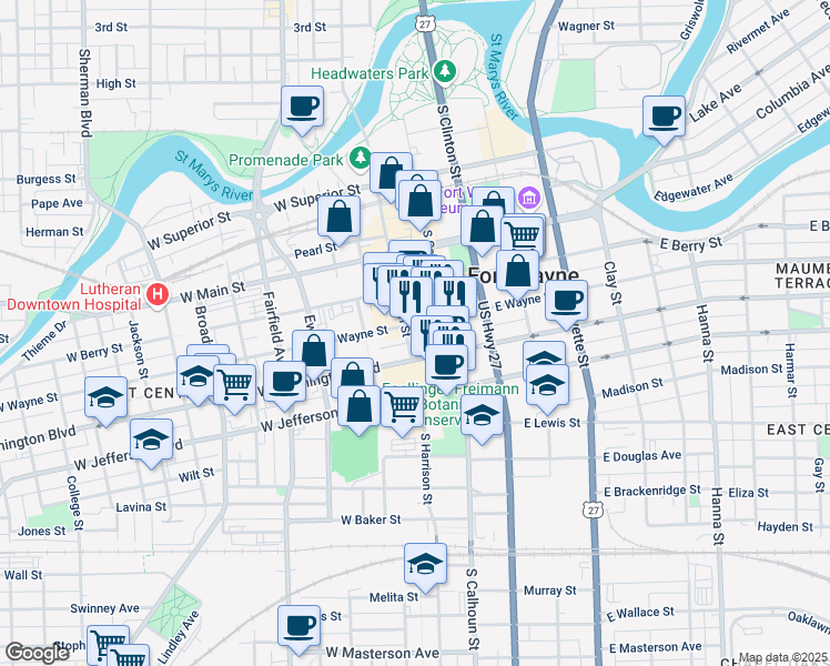 map of restaurants, bars, coffee shops, grocery stores, and more near 122 West Washington Boulevard in Fort Wayne