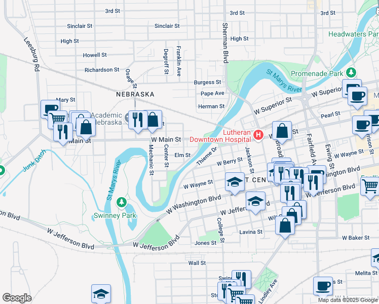 map of restaurants, bars, coffee shops, grocery stores, and more near 1112 Elm Street in Fort Wayne