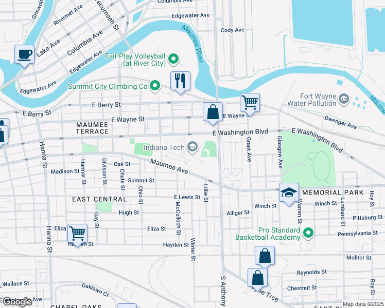 map of restaurants, bars, coffee shops, grocery stores, and more near 1600 East Washington Boulevard in Fort Wayne