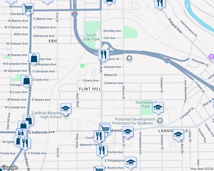 map of restaurants, bars, coffee shops, grocery stores, and more near 2221 South Avenue in Youngstown