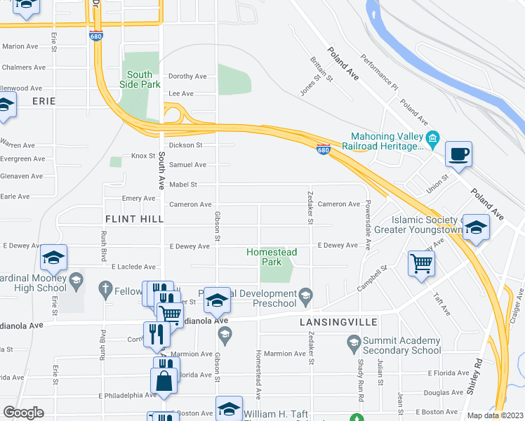 map of restaurants, bars, coffee shops, grocery stores, and more near 805 Cameron Avenue in Youngstown