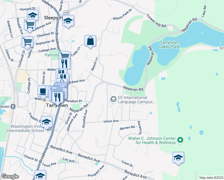 map of restaurants, bars, coffee shops, grocery stores, and more near 100 Marymount Avenue in Tarrytown