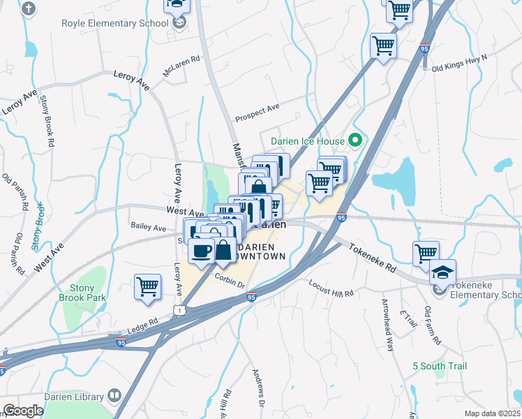 map of restaurants, bars, coffee shops, grocery stores, and more near 903 Post Road in Darien