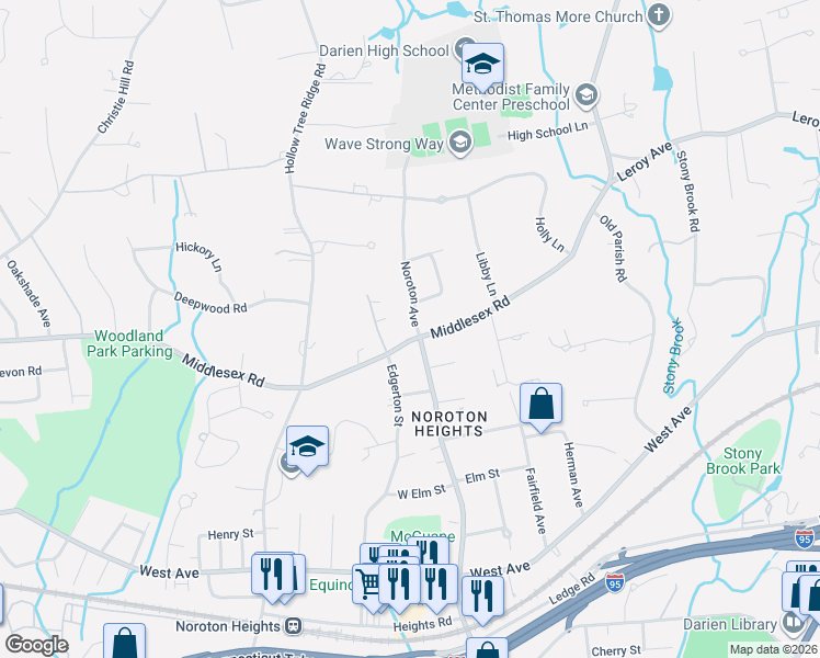 map of restaurants, bars, coffee shops, grocery stores, and more near 201 Middlesex Road in Darien