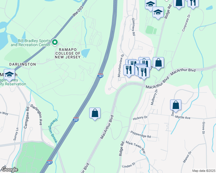 map of restaurants, bars, coffee shops, grocery stores, and more near 137 Oldwoods Court in Mahwah