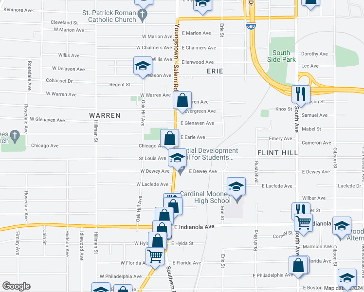 map of restaurants, bars, coffee shops, grocery stores, and more near 2209 Market Street in Youngstown