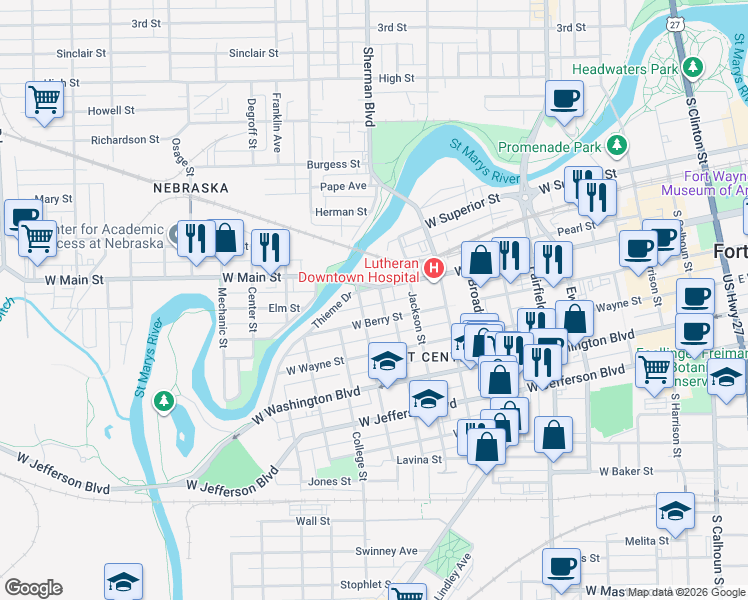 map of restaurants, bars, coffee shops, grocery stores, and more near 719 Rockhill Street in Fort Wayne