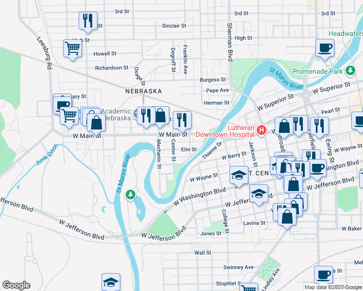 map of restaurants, bars, coffee shops, grocery stores, and more near 1237 Elm Street in Fort Wayne