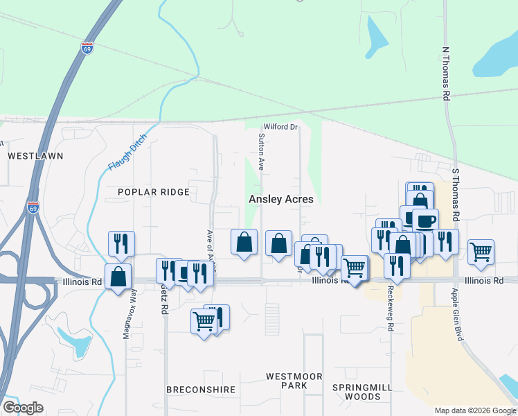 map of restaurants, bars, coffee shops, grocery stores, and more near 830 Sutton Avenue in Fort Wayne