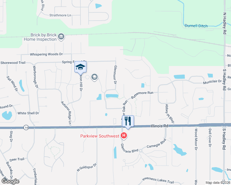 map of restaurants, bars, coffee shops, grocery stores, and more near 624 Blackthorn Cove in Fort Wayne