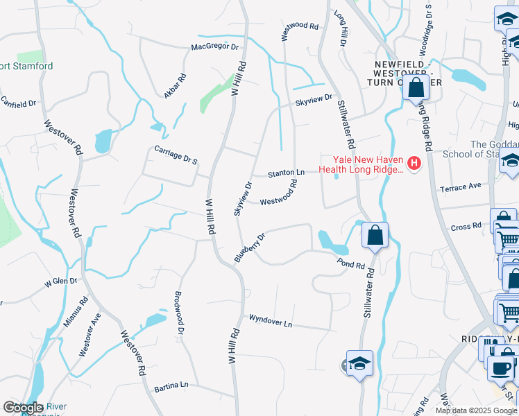 map of restaurants, bars, coffee shops, grocery stores, and more near 19 Westwood Road in Stamford