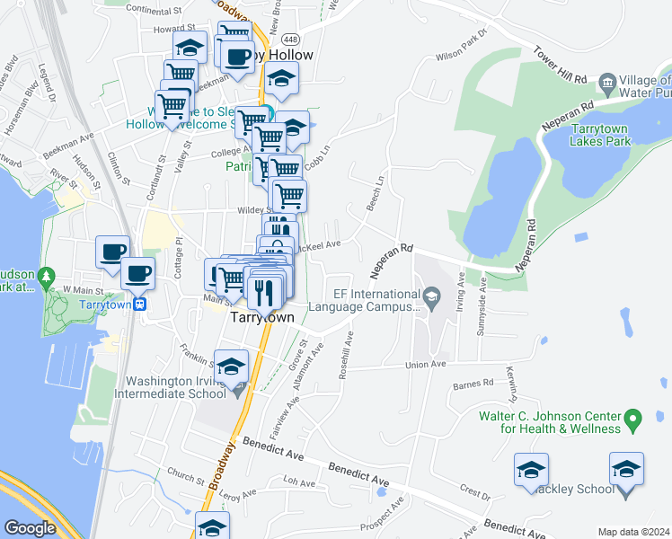 map of restaurants, bars, coffee shops, grocery stores, and more near 54 Legrande Avenue in Tarrytown
