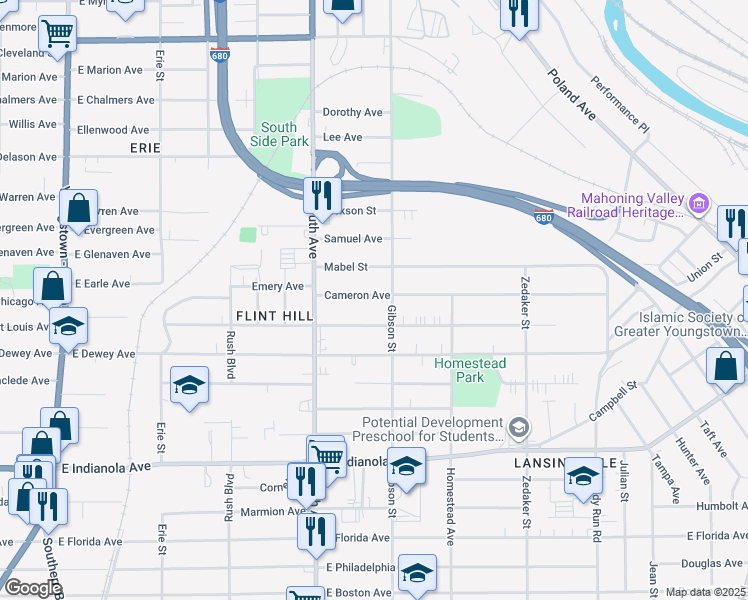 map of restaurants, bars, coffee shops, grocery stores, and more near 569 Cameron Avenue in Youngstown