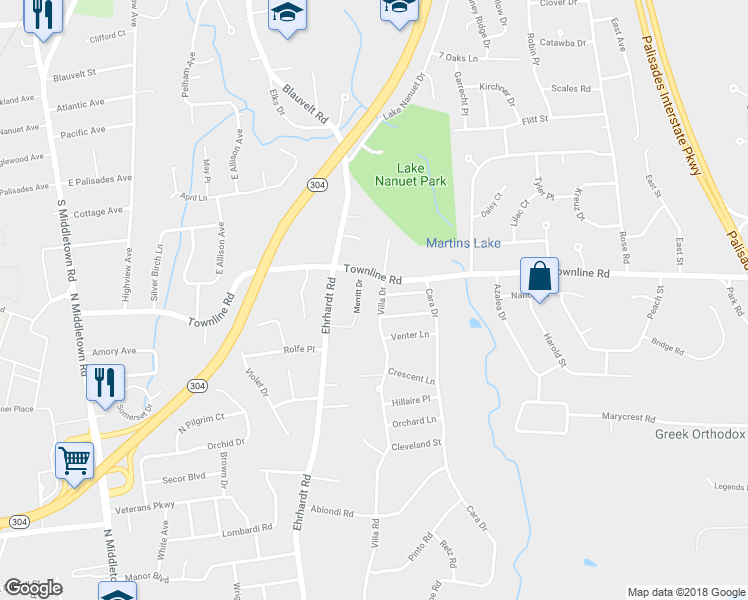 map of restaurants, bars, coffee shops, grocery stores, and more near 5 Villa Drive in Nanuet