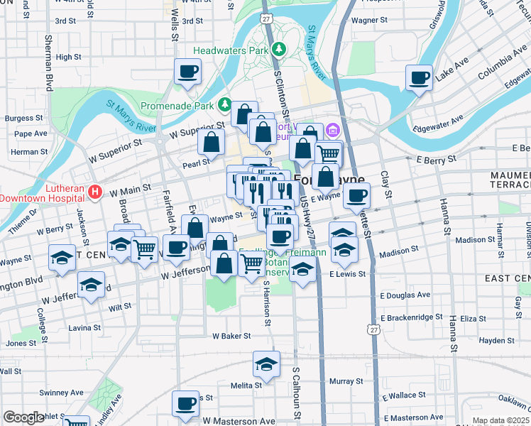 map of restaurants, bars, coffee shops, grocery stores, and more near 119 West Wayne Street in Fort Wayne