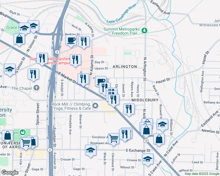 map of restaurants, bars, coffee shops, grocery stores, and more near 51 Cotter Avenue in Akron