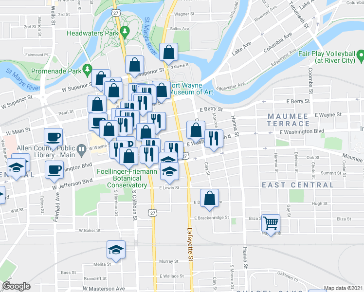map of restaurants, bars, coffee shops, grocery stores, and more near 1001 Lafayette Street in Fort Wayne