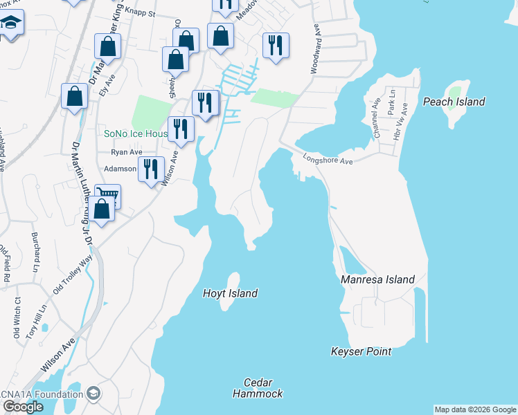 map of restaurants, bars, coffee shops, grocery stores, and more near 9 Outer Road in Norwalk