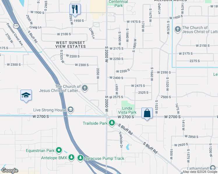 map of restaurants, bars, coffee shops, grocery stores, and more near 2518 South 2000 West in Syracuse