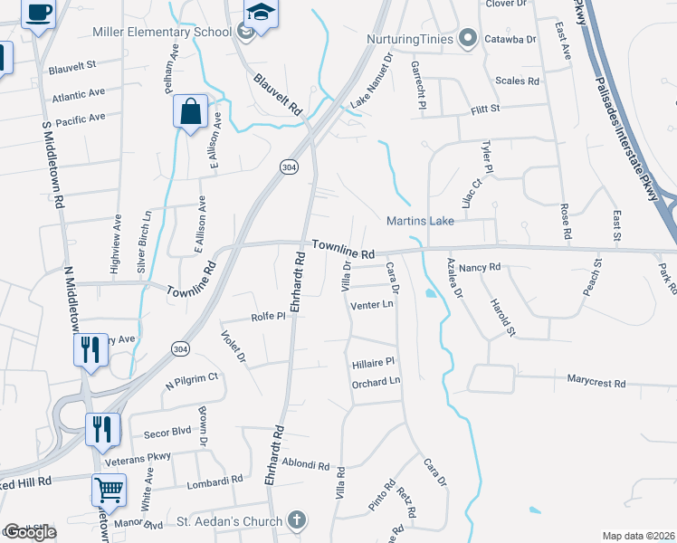 map of restaurants, bars, coffee shops, grocery stores, and more near 10 Summit Place in Nanuet