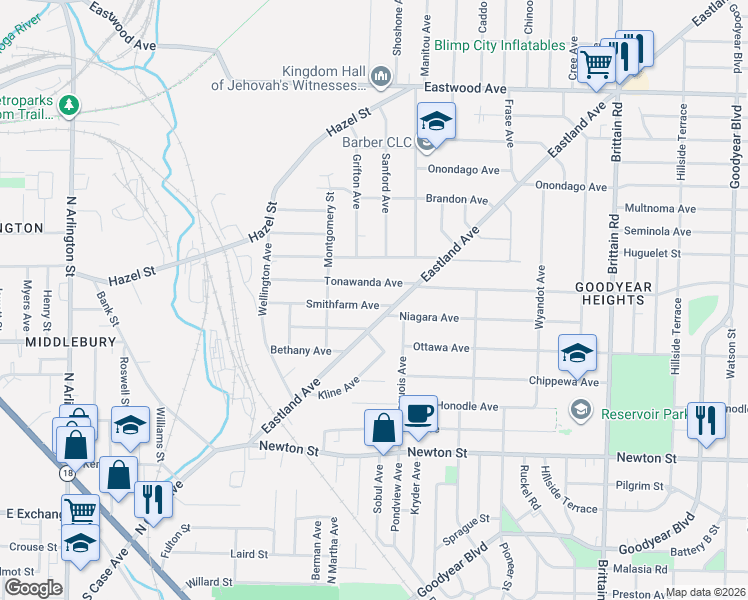 map of restaurants, bars, coffee shops, grocery stores, and more near 1184 Niagara Avenue in Akron