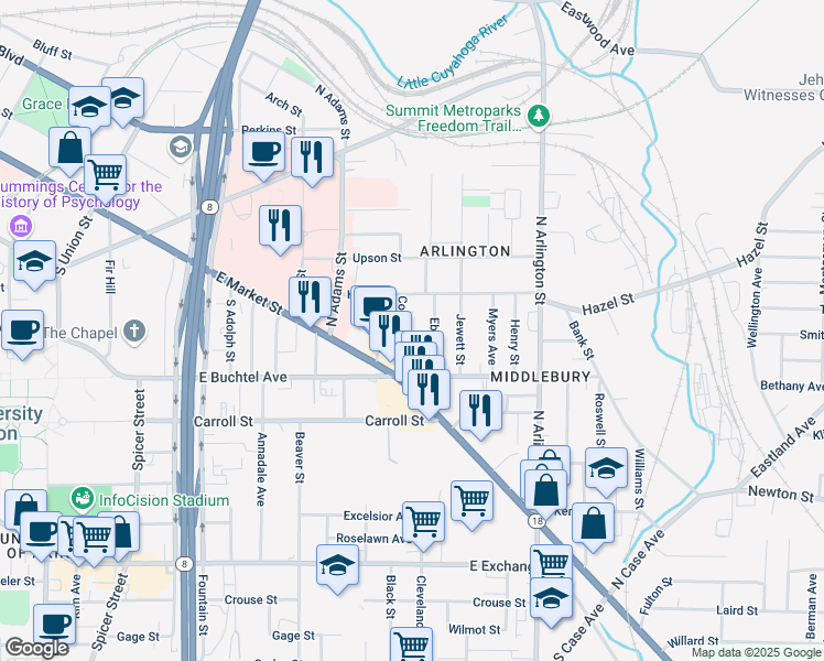 map of restaurants, bars, coffee shops, grocery stores, and more near 60 Eber Avenue in Akron