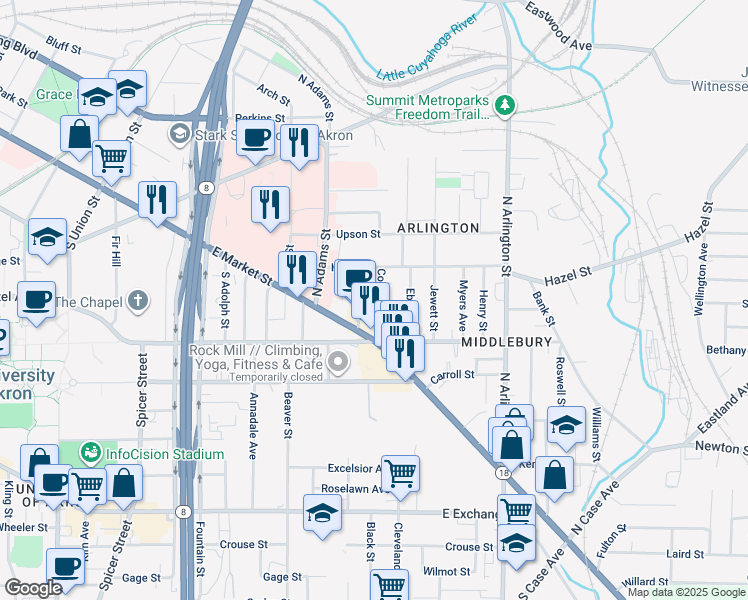 map of restaurants, bars, coffee shops, grocery stores, and more near 17 Agate Place in Akron