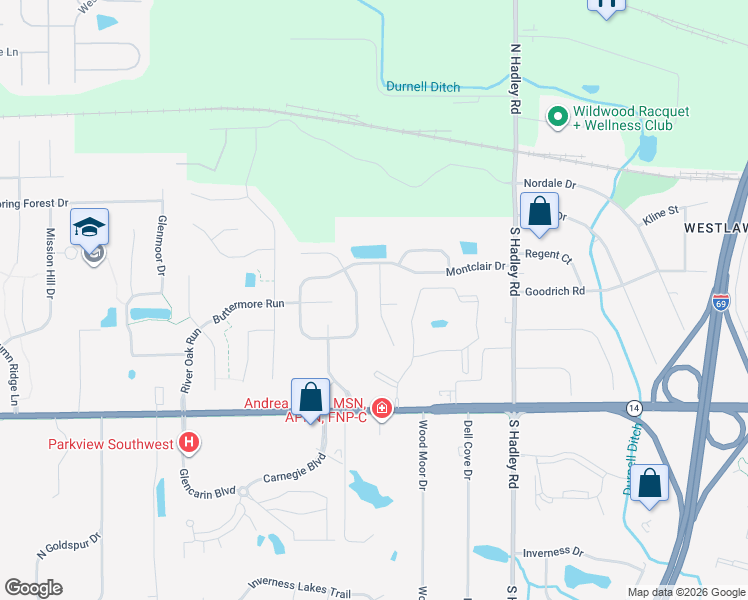 map of restaurants, bars, coffee shops, grocery stores, and more near 613 Tattersholl Court in Fort Wayne