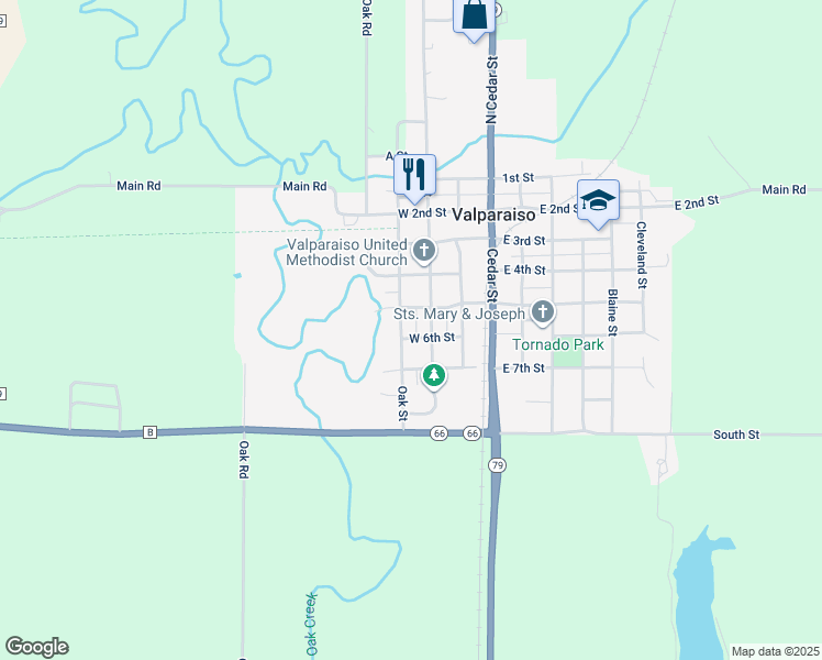 map of restaurants, bars, coffee shops, grocery stores, and more near 600 Oak Street in Valparaiso