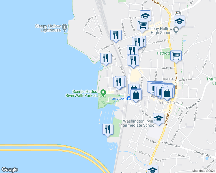 map of restaurants, bars, coffee shops, grocery stores, and more near 31 Rivers Edge Drive in Tarrytown
