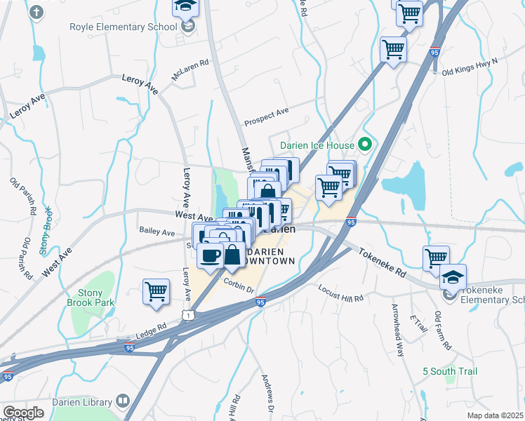 map of restaurants, bars, coffee shops, grocery stores, and more near 903 Post Road in Darien