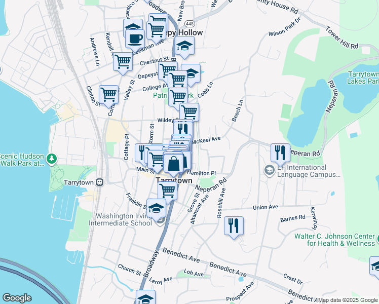 map of restaurants, bars, coffee shops, grocery stores, and more near 42 North Broadway in Tarrytown