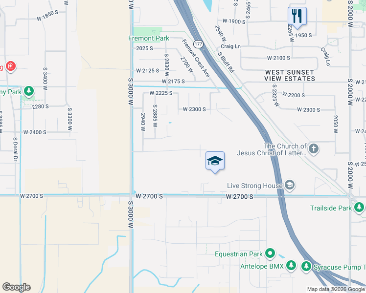 map of restaurants, bars, coffee shops, grocery stores, and more near 2766 2495 South in Syracuse