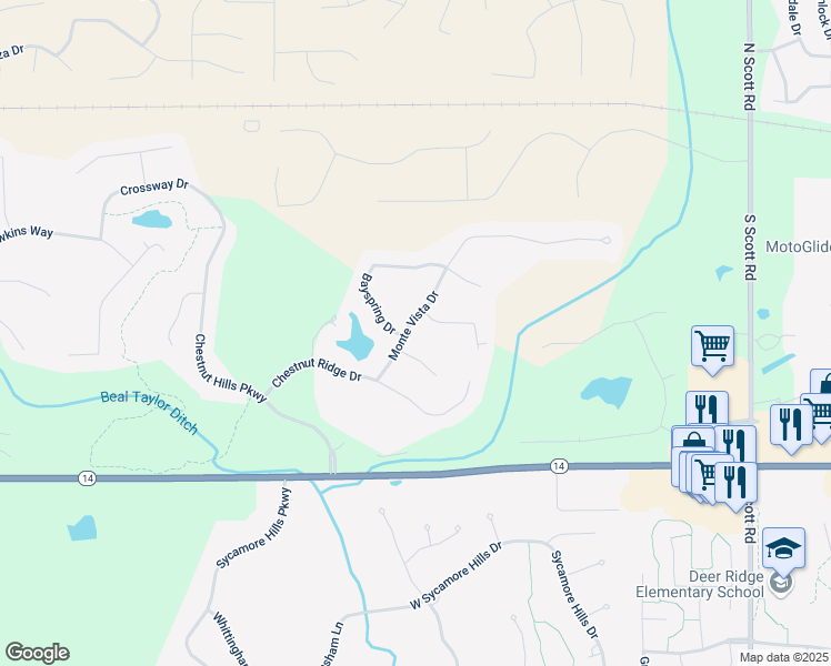 map of restaurants, bars, coffee shops, grocery stores, and more near 729-799 Monte Vista Dr in Fort Wayne