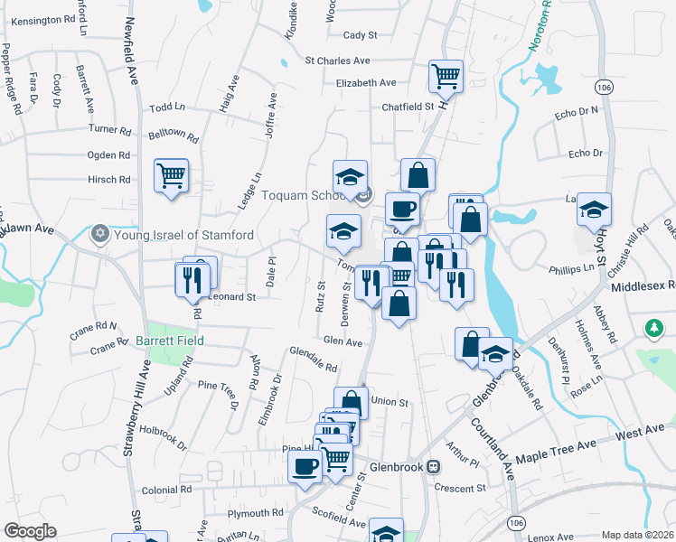 map of restaurants, bars, coffee shops, grocery stores, and more near 59 Derwen Street in Stamford