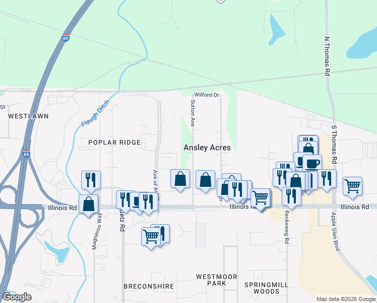 map of restaurants, bars, coffee shops, grocery stores, and more near 804 Sutton Avenue in Fort Wayne