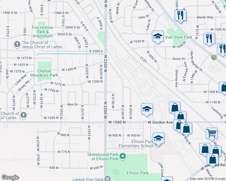 map of restaurants, bars, coffee shops, grocery stores, and more near 2144 West 1225 North in Layton