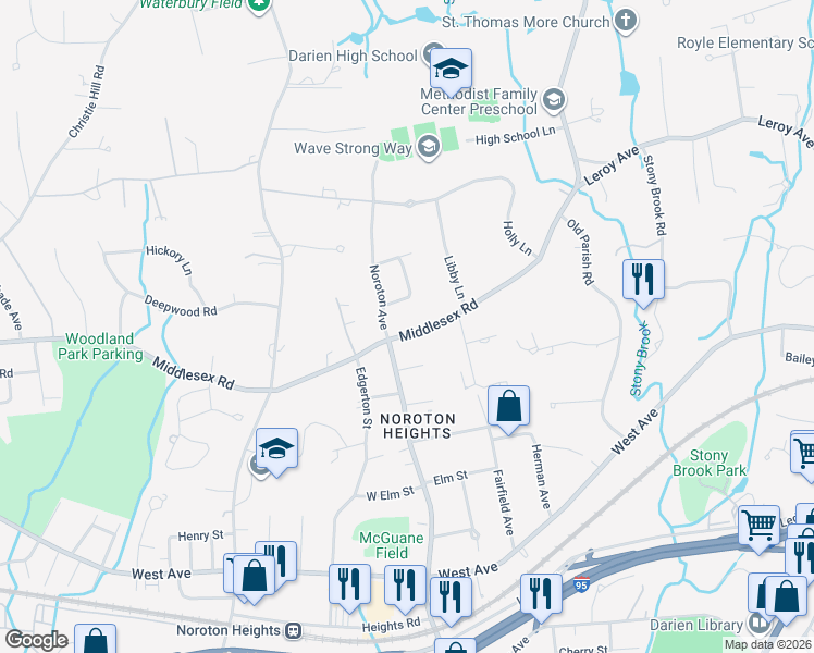 map of restaurants, bars, coffee shops, grocery stores, and more near 210 Middlesex Road in Darien