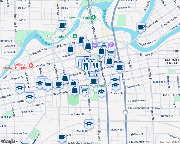 map of restaurants, bars, coffee shops, grocery stores, and more near 113 West Wayne Street in Fort Wayne