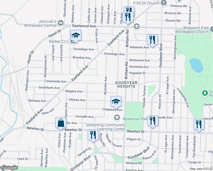 map of restaurants, bars, coffee shops, grocery stores, and more near 1370 Tonawanda Avenue in Akron