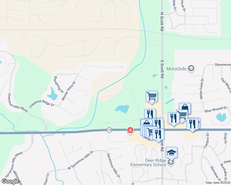 map of restaurants, bars, coffee shops, grocery stores, and more near 10529 Indian Ridge Drive in Fort Wayne