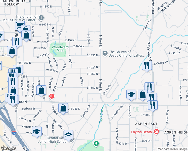 map of restaurants, bars, coffee shops, grocery stores, and more near 348 East 1250 North in Layton